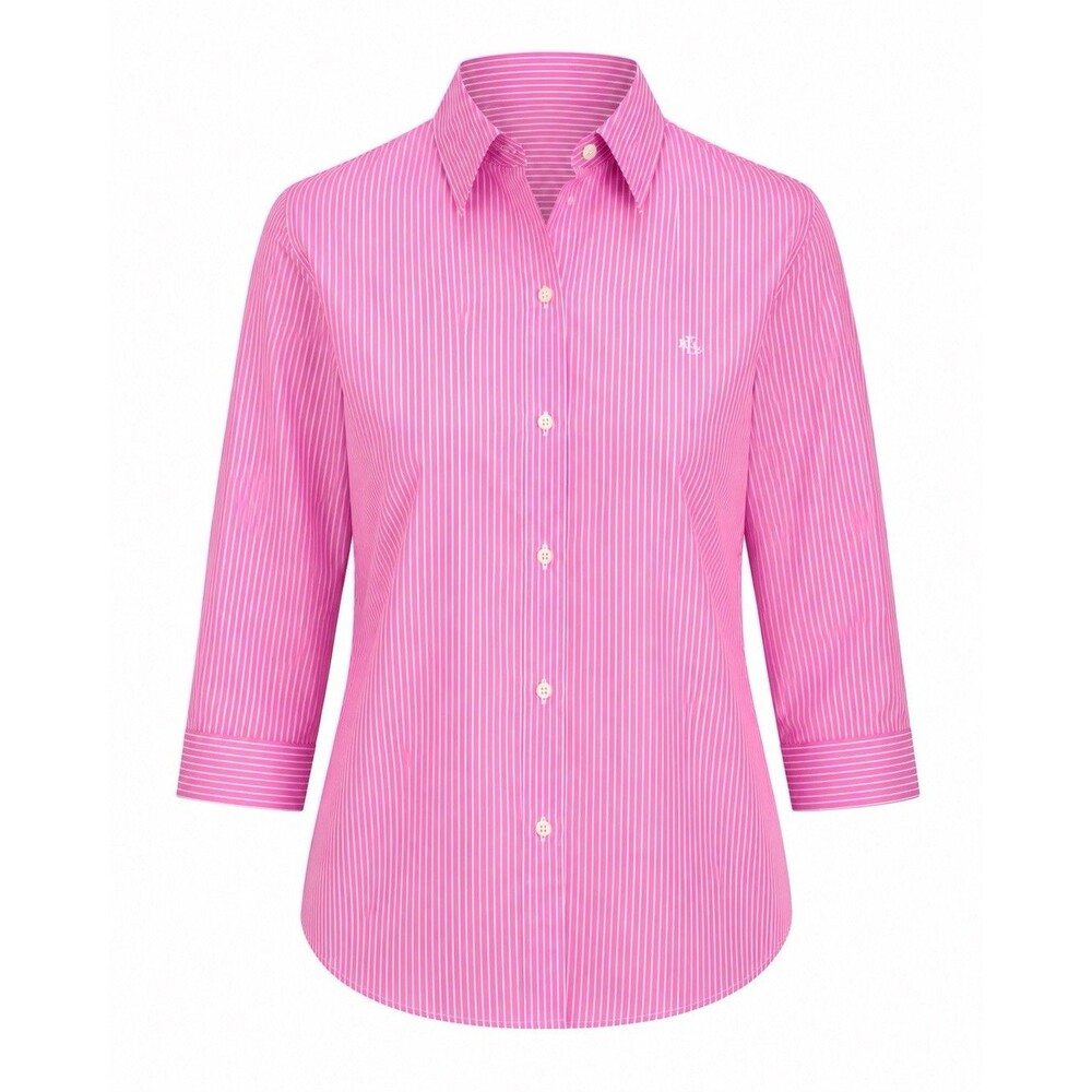 Ralph Lauren LRL Striped ButtonDown Top Women Sz P/S Pink White 3/4 Sleeve EUC